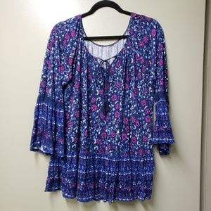 Boho Tunic Top With Elastic  Gathered Neck And Bell Sleeves